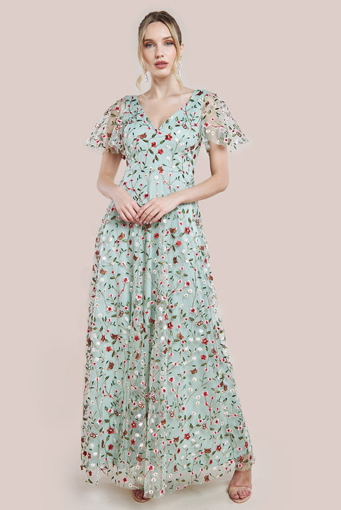 Flutter Sleeve Floral Embroidered Maxi - Sage Green DR3798