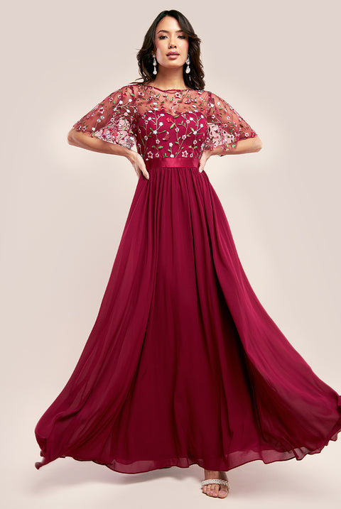 Embroidered Top Flutter Sleeve Maxi - Burgundy by Goddiva