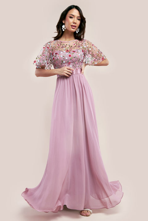 Embroidered Top Flutter Sleeve Maxi - Rosepink DR3799