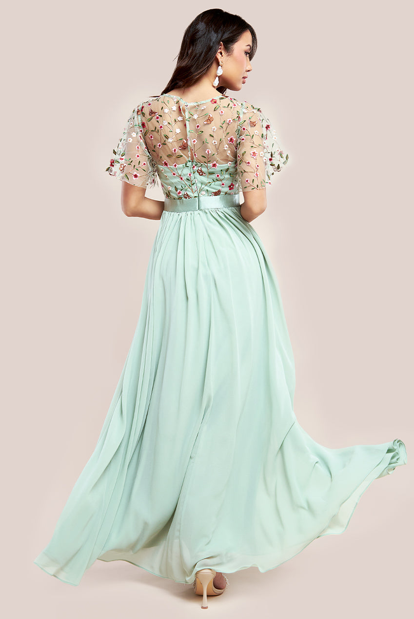Embroidered Top Flutter Sleeve Maxi - Sage Green DR3799