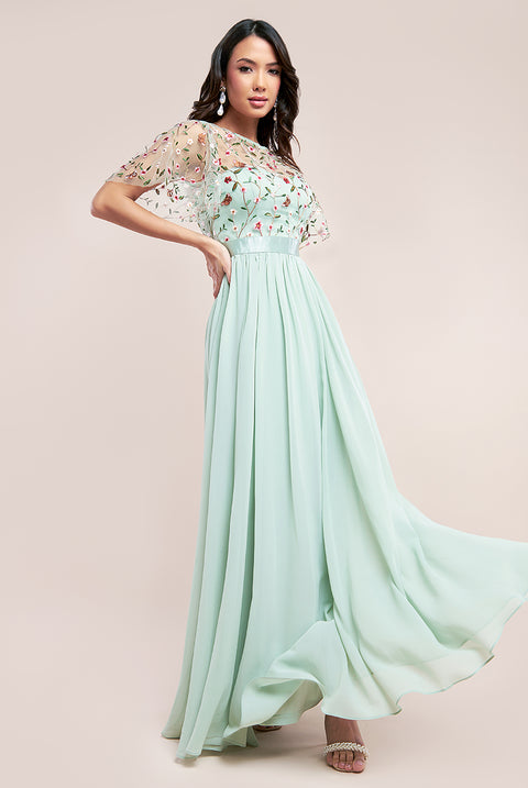 Embroidered Top Flutter Sleeve Maxi - Sage Green by Goddiva