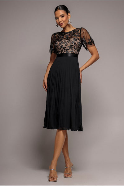 Embroidered Top Chiffon Pleated Midi - Black by Goddiva