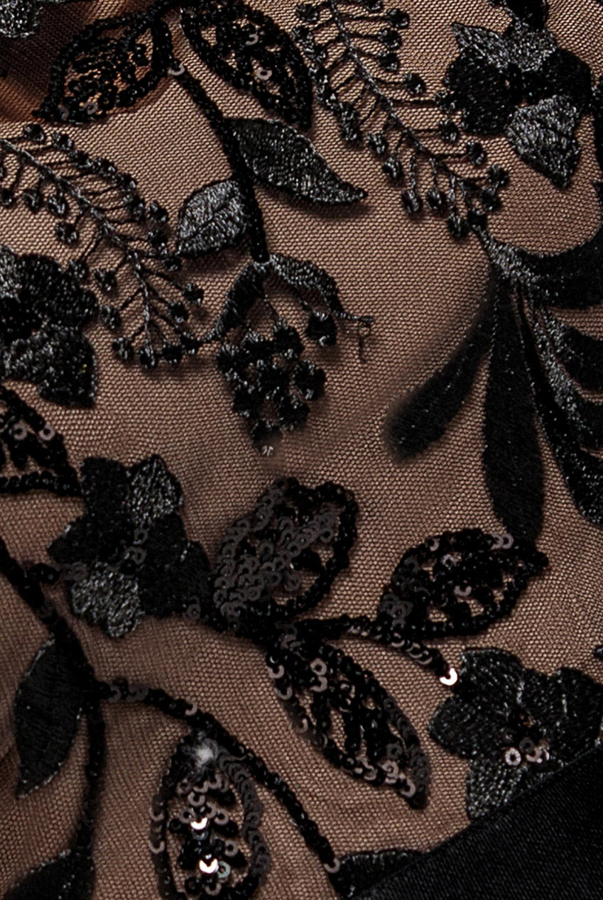 Embroidered Top Chiffon Pleated Midi - Black DR3802