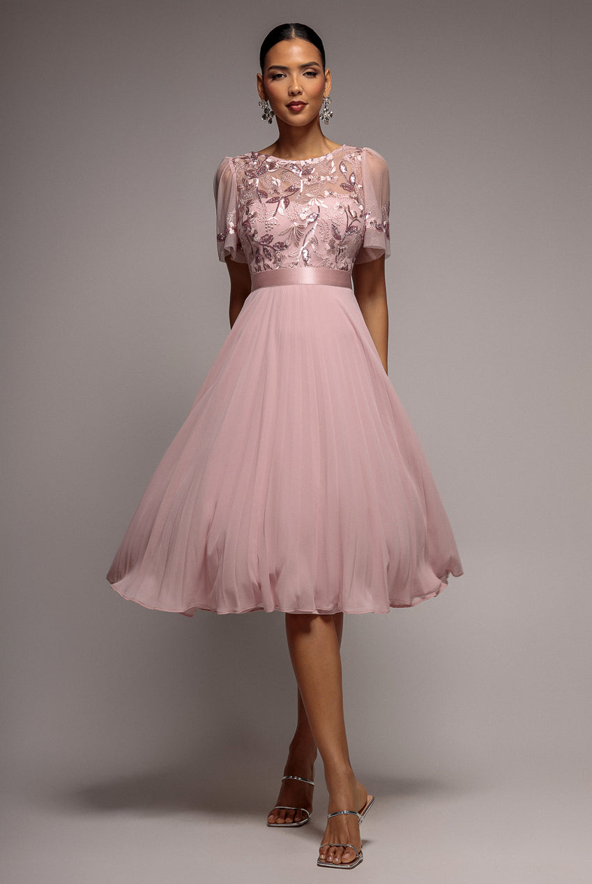 Embroidered Top Chiffon Pleated Midi - Blush Pink | Goddiva