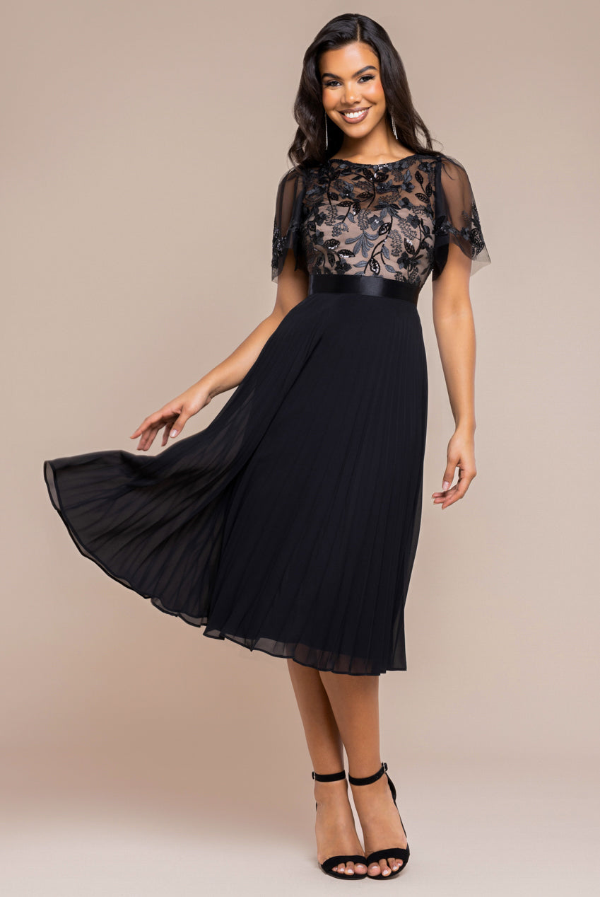 Embroidered Top Chiffon Pleated Midi - Black DR3802