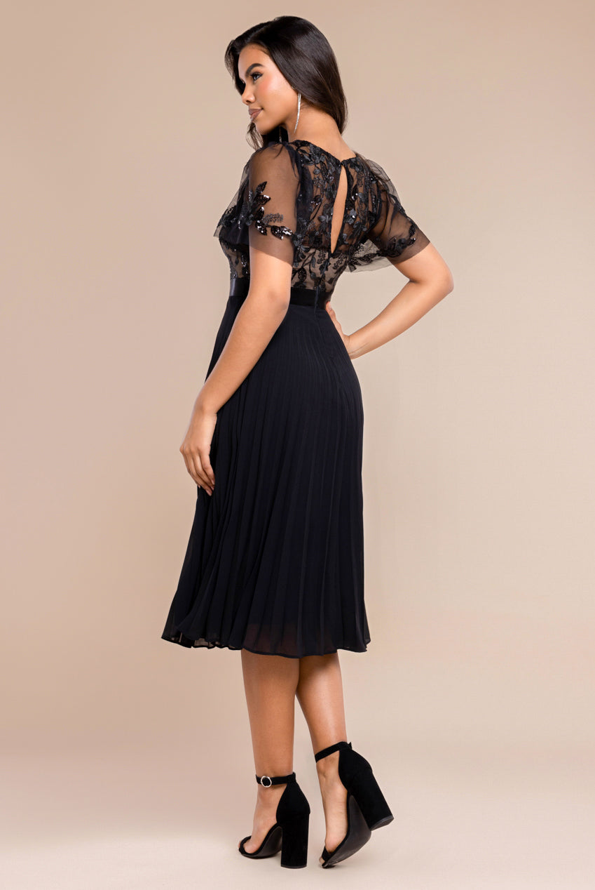 Embroidered Top Chiffon Pleated Midi - Black DR3802