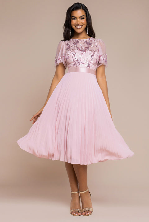 Goddiva Embroidered Top Chiffon Pleated Midi - Blush