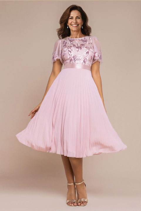 Embroidered Top Chiffon Pleated Midi - Blush Pink by Goddiva