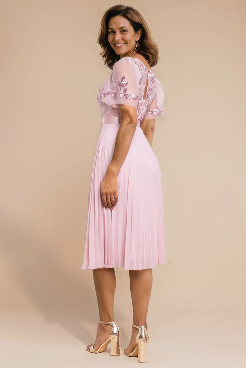 Embroidered Top Chiffon Pleated Midi - Blush Pink DR3802M