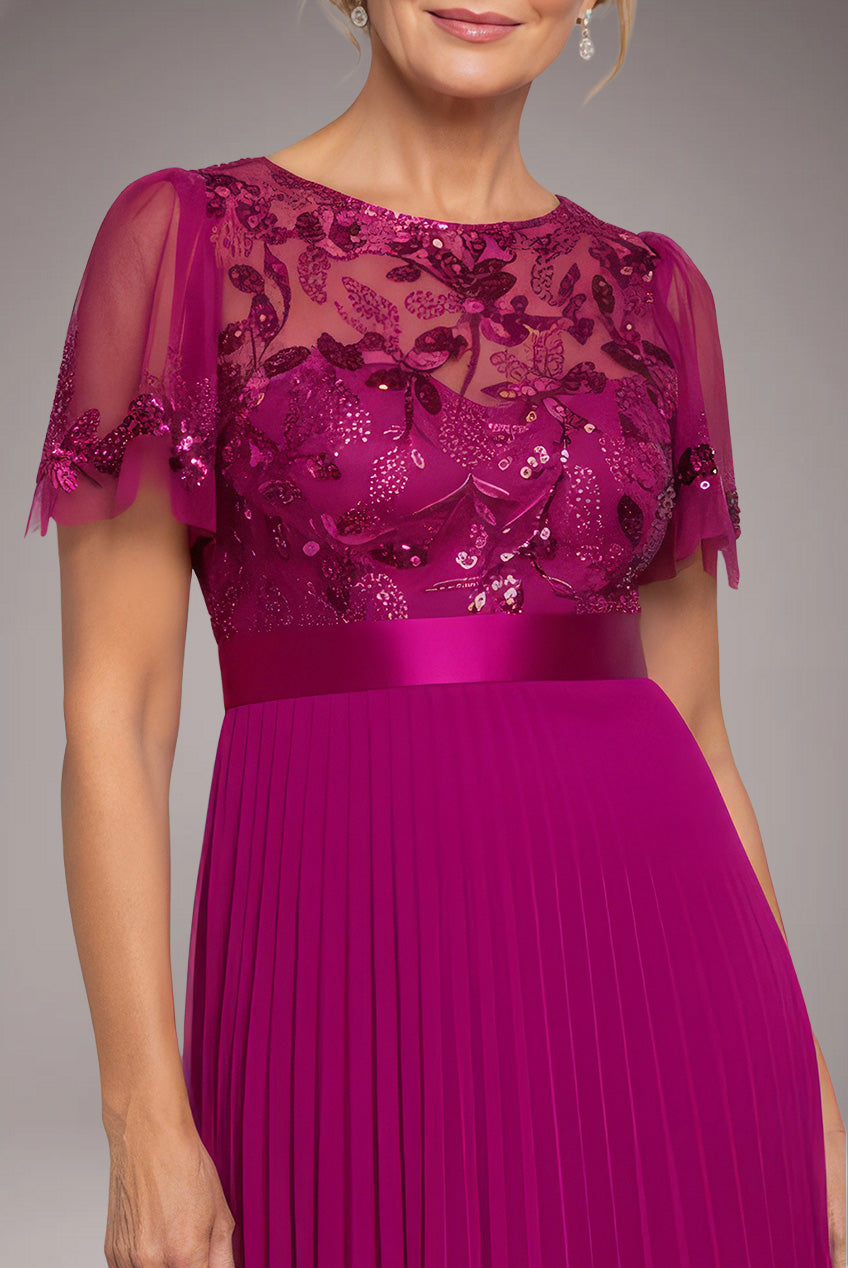 Embroidered Top Chiffon Pleated Midi - Magenta DR3802M