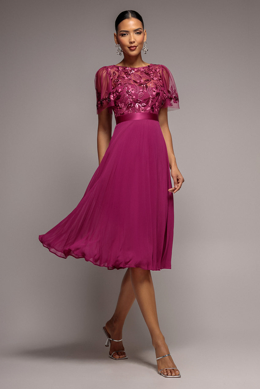 Embroidered Top Chiffon Pleated Midi - Magenta DR3802