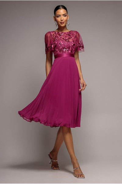 Embroidered Top Chiffon Pleated Midi - Magenta by Goddiva