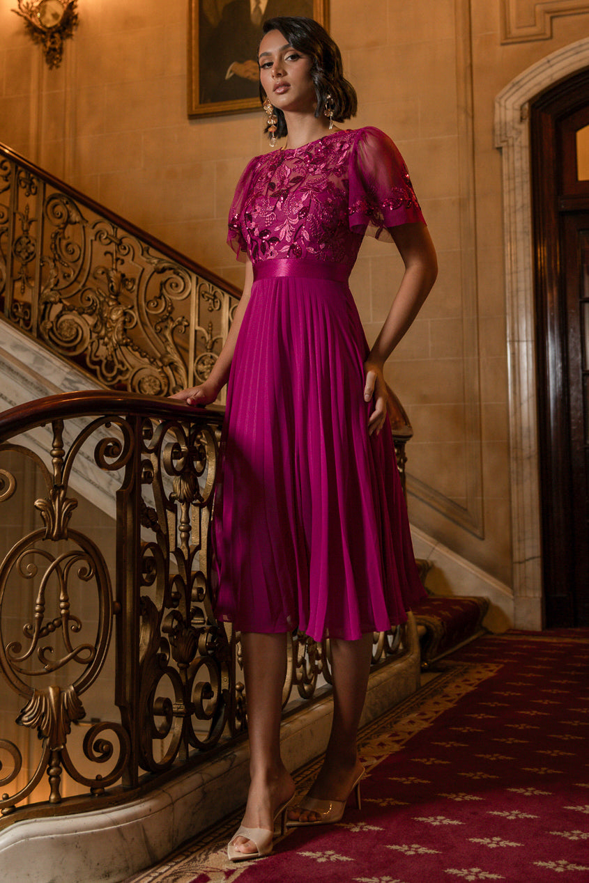 Embroidered Top Chiffon Pleated Midi - Magenta DR3802