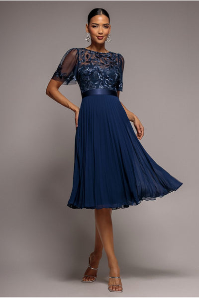 Embroidered Top Chiffon Pleated Midi - Navy Blue by Goddiva