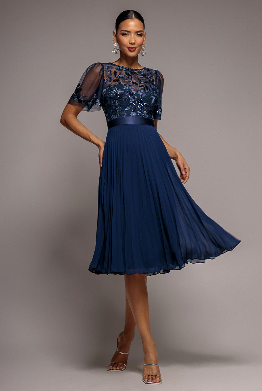 Embroidered Top Chiffon Pleated Midi - Navy Blue DR3802