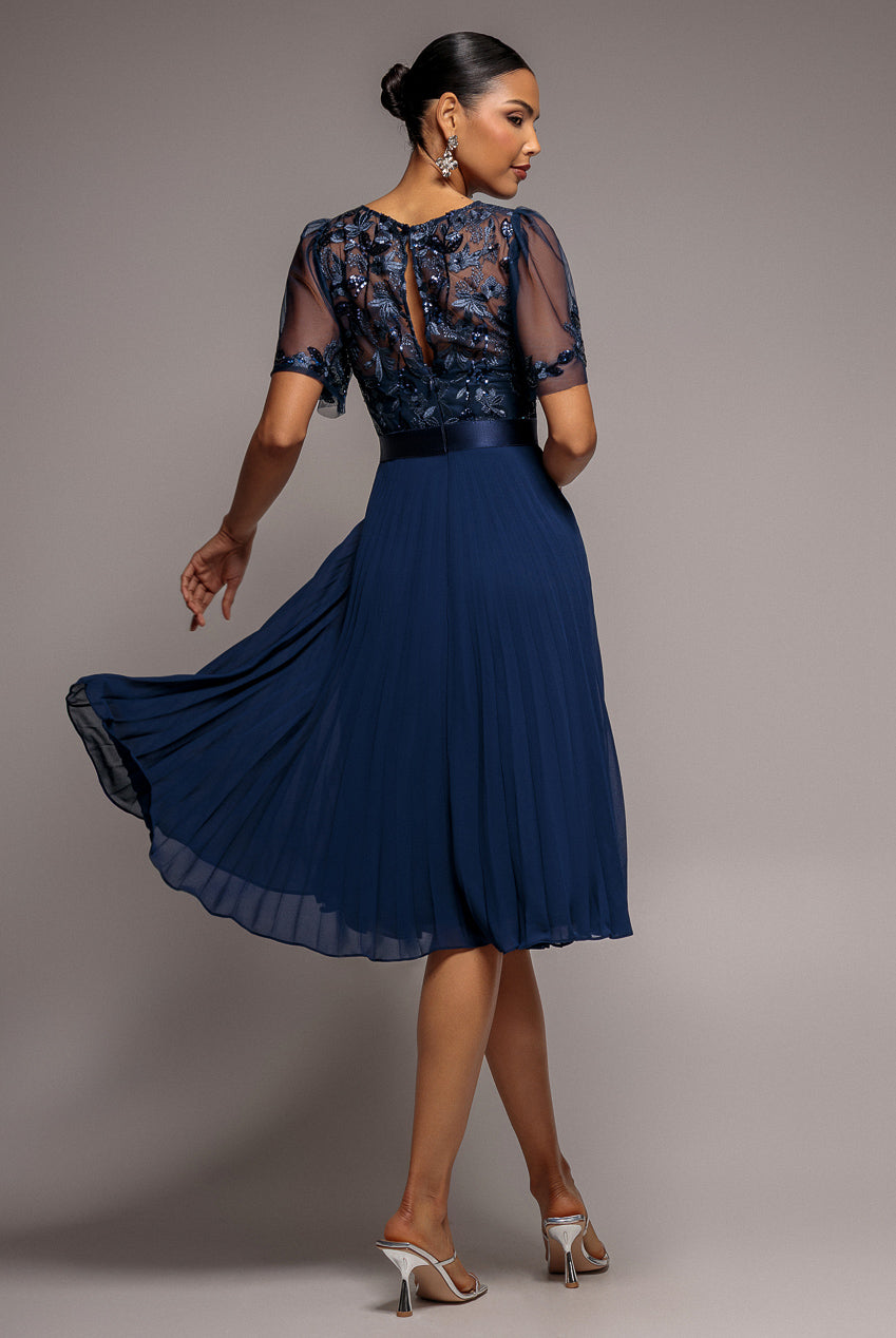 Embroidered Top Chiffon Pleated Midi - Navy Blue DR3802