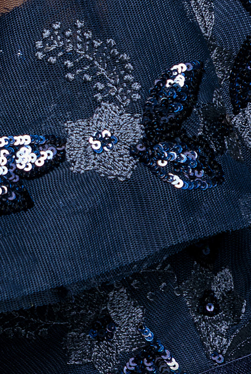 Embroidered Top Chiffon Pleated Midi - Navy Blue DR3802