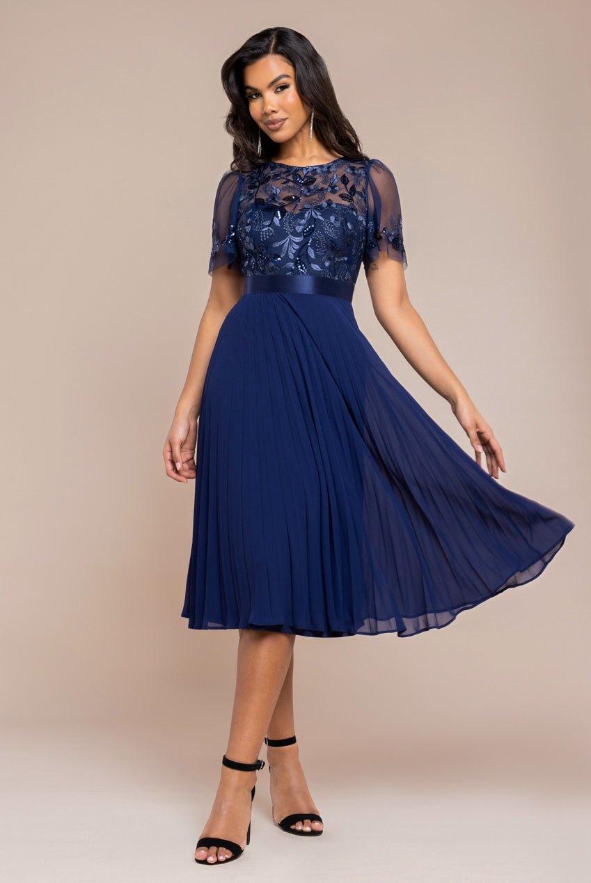 Embroidered Top Chiffon Pleated Midi - Navy DR3802