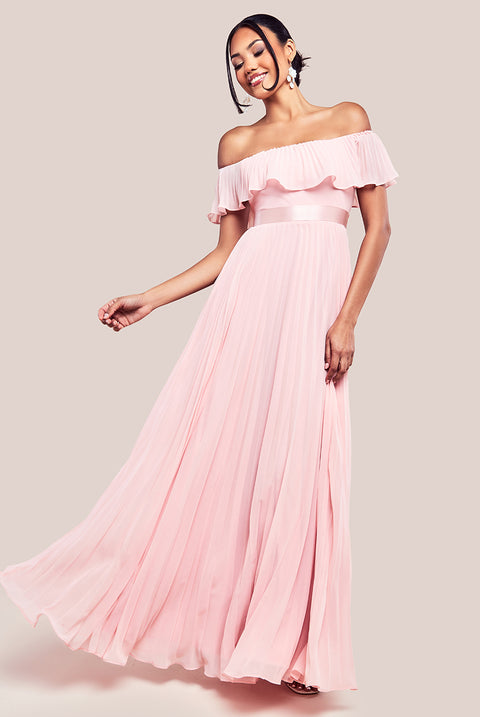 Goddiva Pleated Chiffon Off Shoulder Maxi Dress - Blush