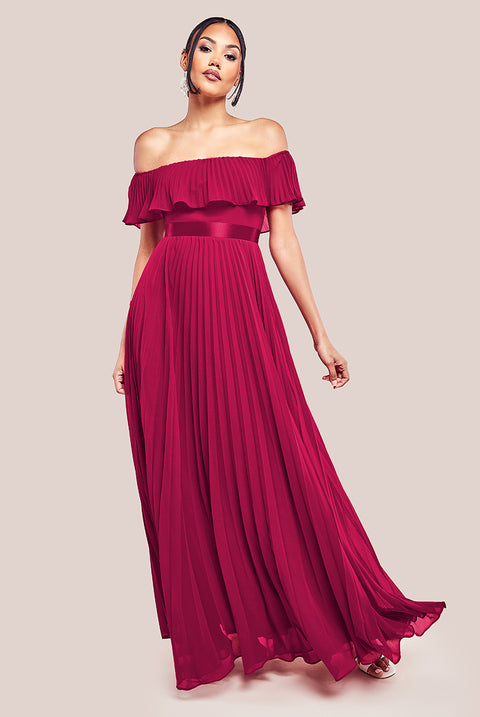 Pleated Chiffon Off Shoulder Maxi Dress - Burgundy DR3805