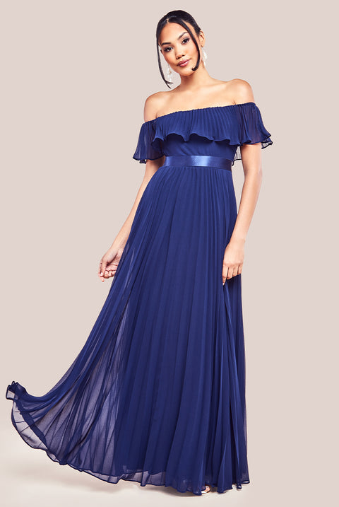 Pleated Chiffon Off Shoulder Maxi Dress - Navy DR3805