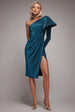 One Sleeve Frill Lurex Midi Dress - Blue by Goddiva