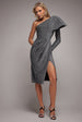 One Sleeve Frill Lurex Midi Dress - Silver by Goddiva