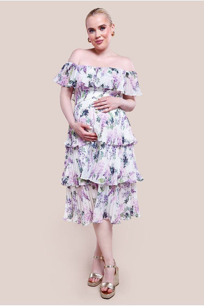 Maternity Shirred Chiffon Floral Bardot Midi Dress - Multi