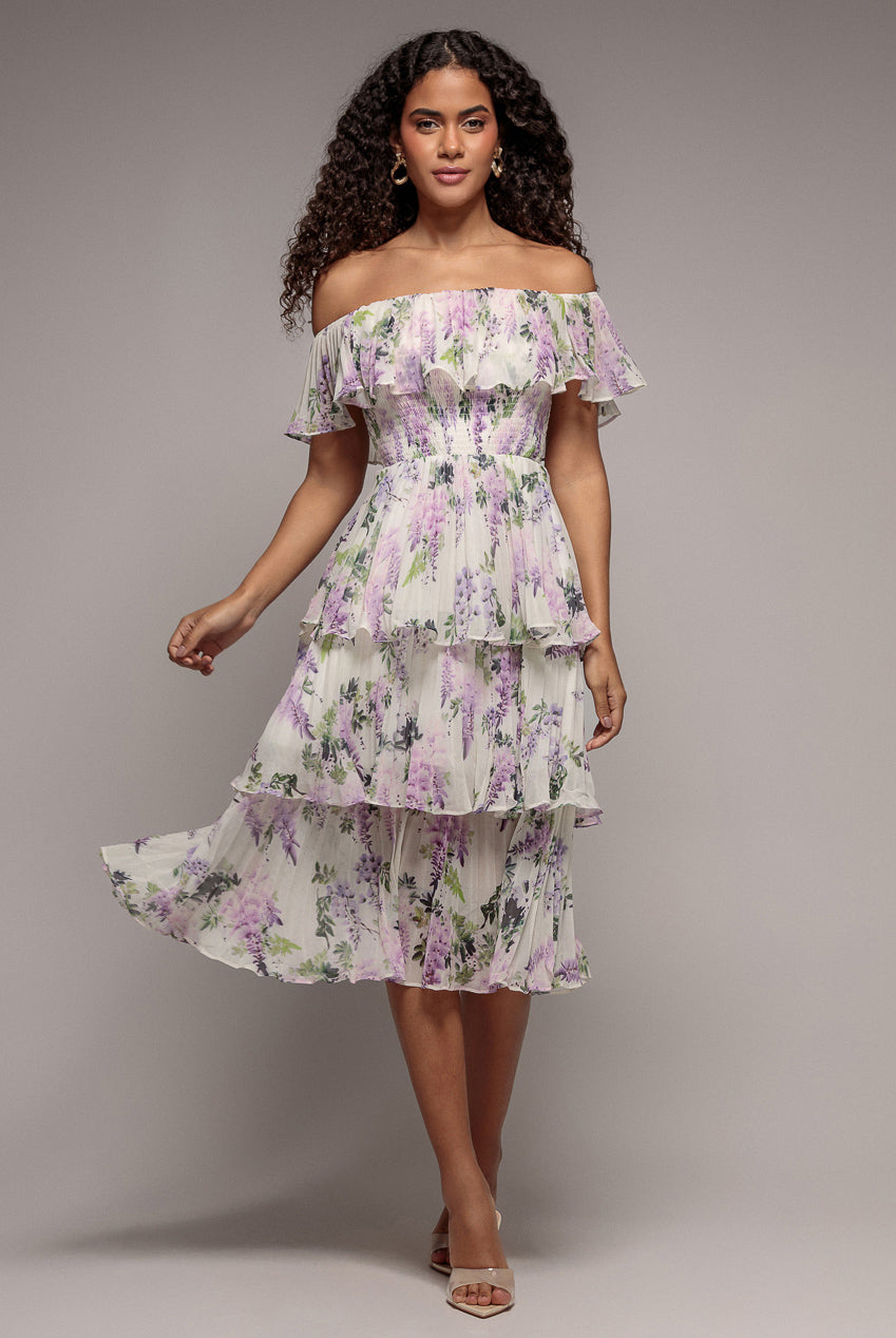 Shirred Chiffon Floral Bardot Midi Dress - Multi DR3810QZ