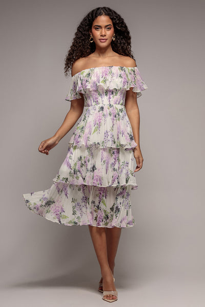 Multi - Shirred Chiffon Floral Bardot Midi Dress - Multi by Goddiva