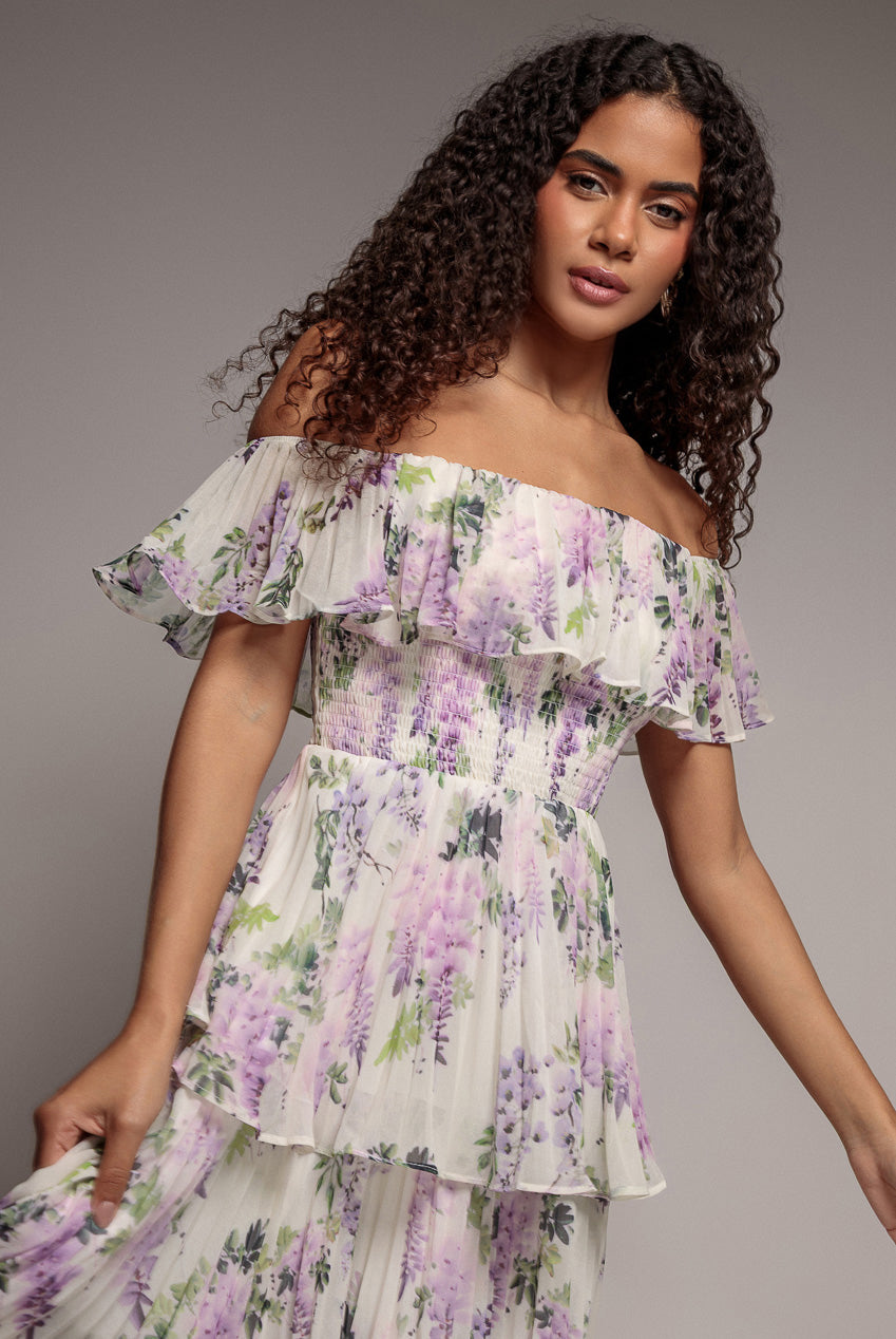 Shirred Chiffon Floral Bardot Midi Dress - Multi DR3810QZ