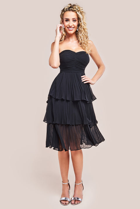 Pleated Bandeau Bodice Chiffon Tiered Midi - Black DR3811