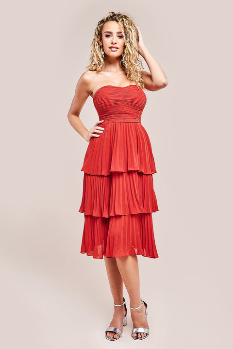 Pleated Bandeau Bodice Chiffon Tiered Midi - Orange DR3811