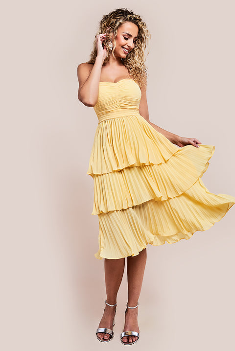 Pleated Bandeau Bodice Chiffon Tiered Midi - Yellow DR3811