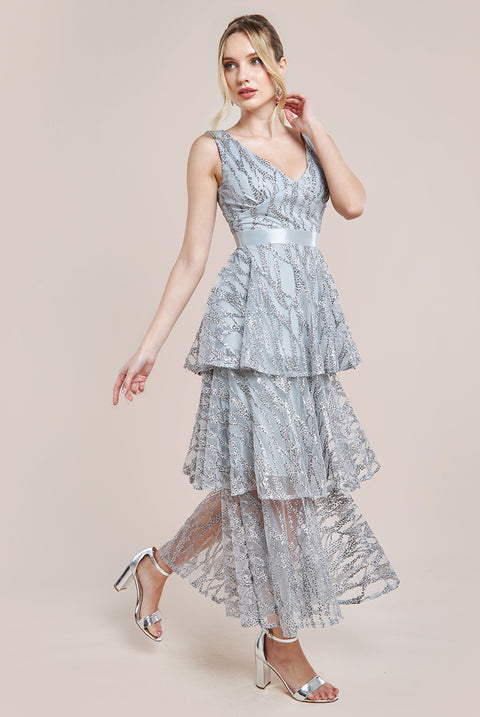 Embroidered Mesh Tiered Midi Dress - Grey by Goddiva