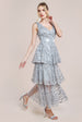 Goddiva Embroidered Mesh Tiered Midi Dress - Grey