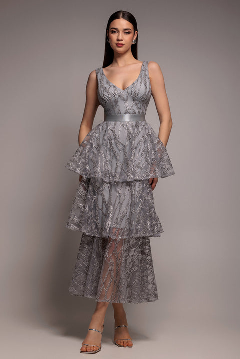 Embroidered Mesh Tiered Midi Dress - Grey by Goddiva