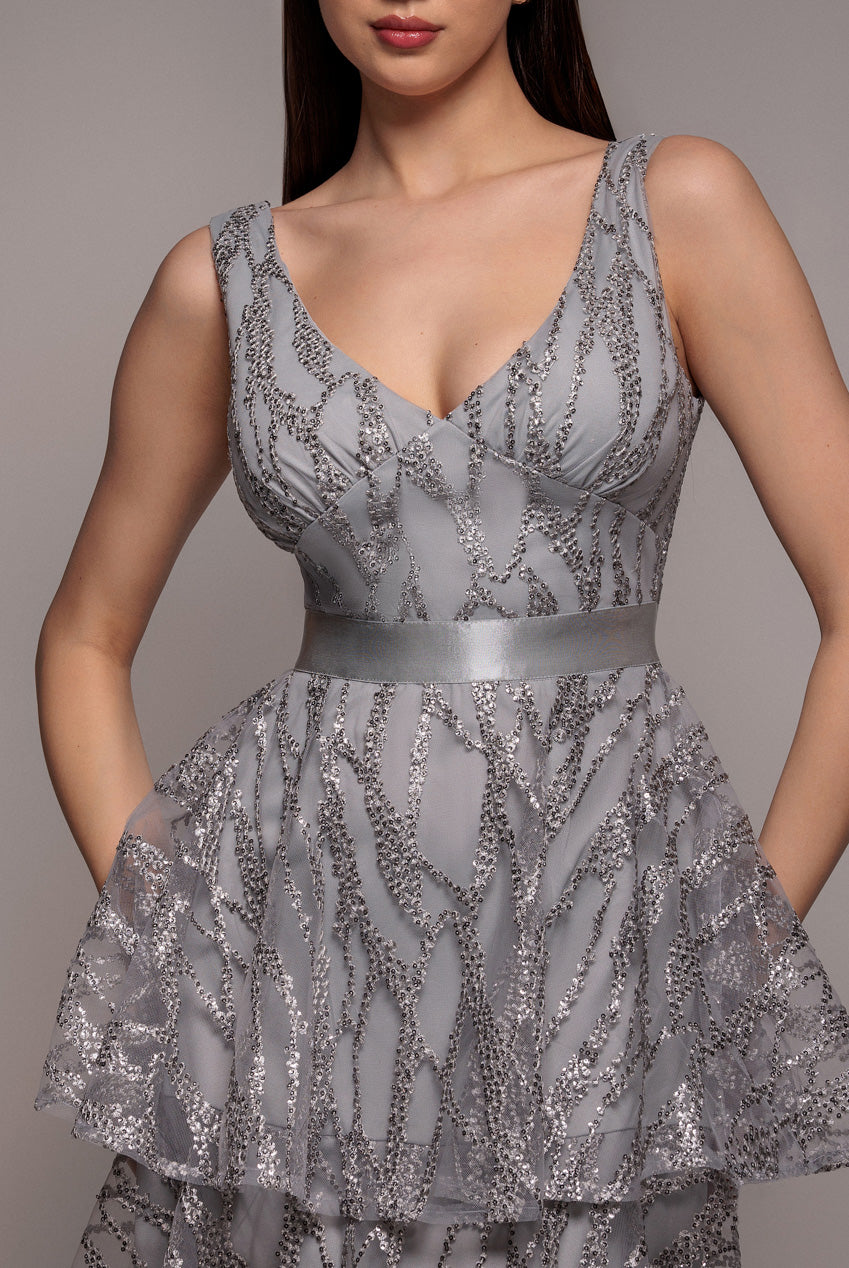 Embroidered Mesh Tiered Midi Dress - Grey DR3812