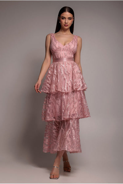 Embroidered Mesh Tiered Midi Dress - Pink by Goddiva
