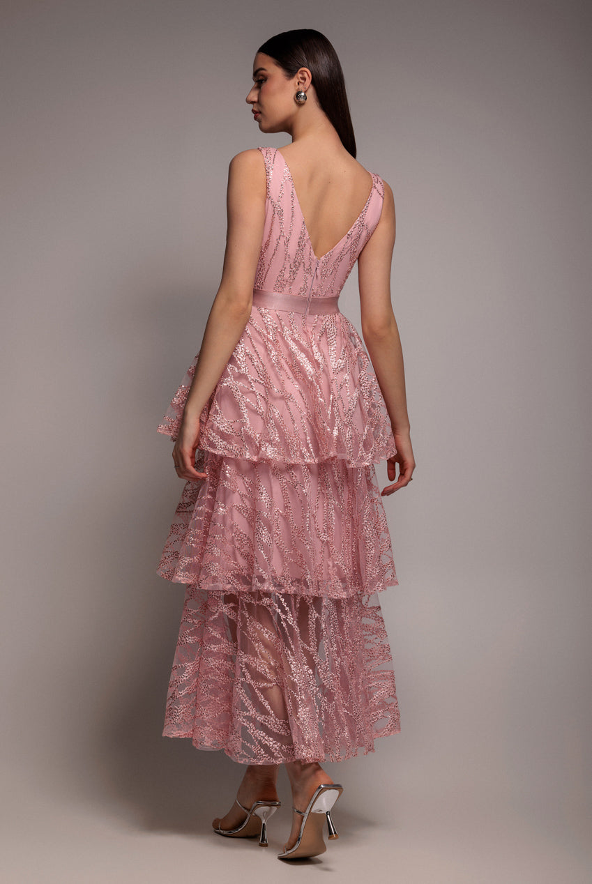 Embroidered Mesh Tiered Midi Dress - Pink DR3812