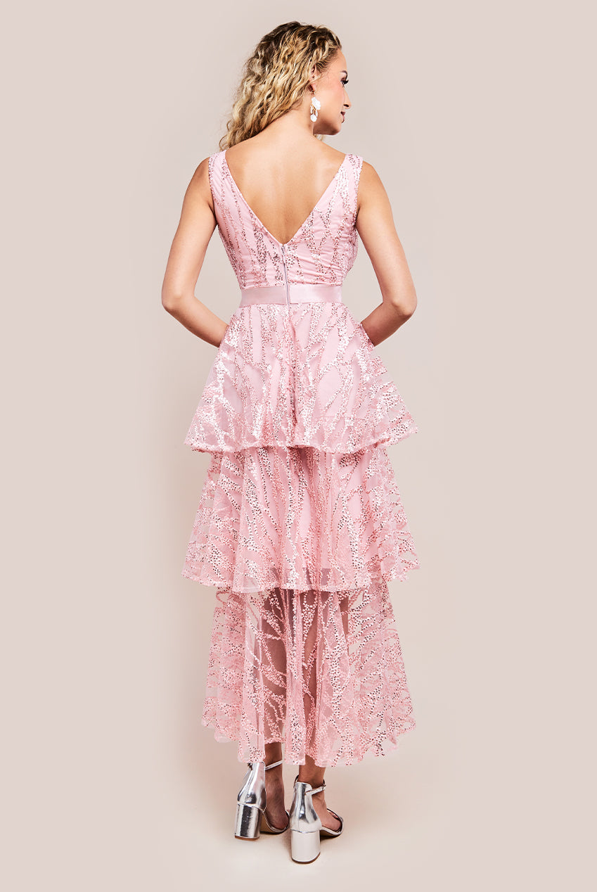 Embroidered Mesh Tiered Midi Dress - Pink DR3812