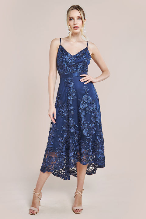 Dipped Hem Sleeveless Lace Midi Navy