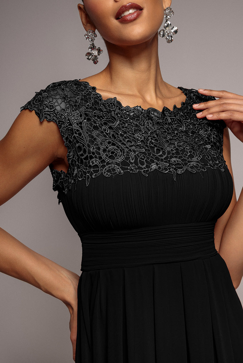 Crochet & Pleated Top High Low Maxi - Black | Goddiva