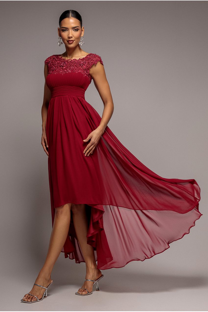 Crochet & Pleated Top High Low Maxi - Burgundy DR3820