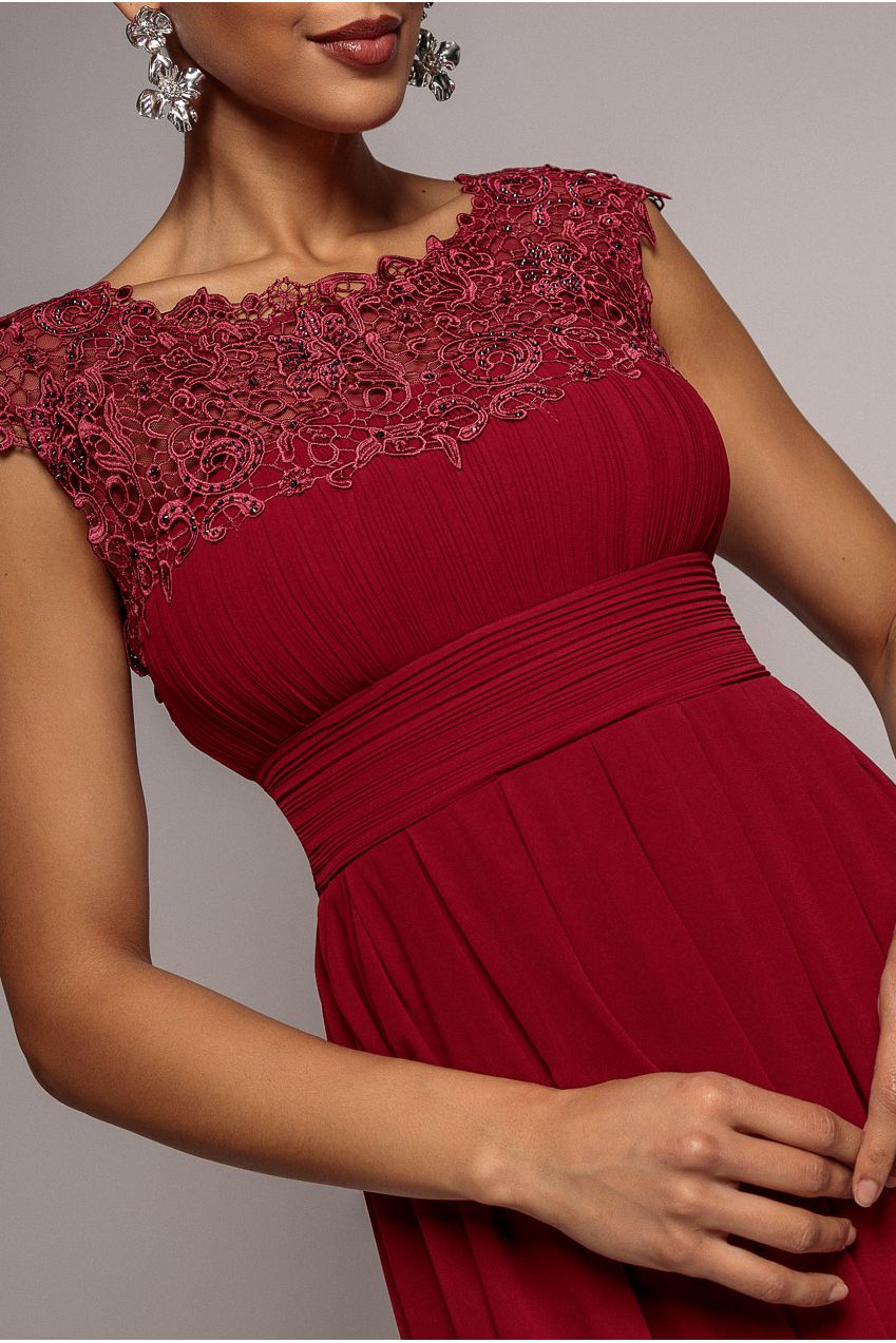 Crochet & Pleated Top High Low Maxi - Burgundy DR3820