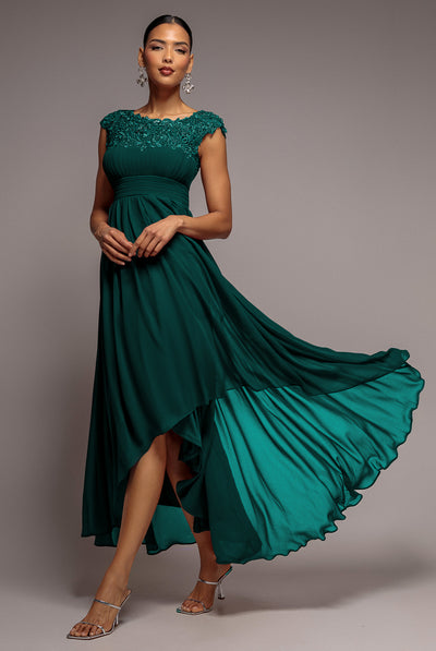 Crochet & Pleated Top High Low Maxi - Emerald | Goddiva