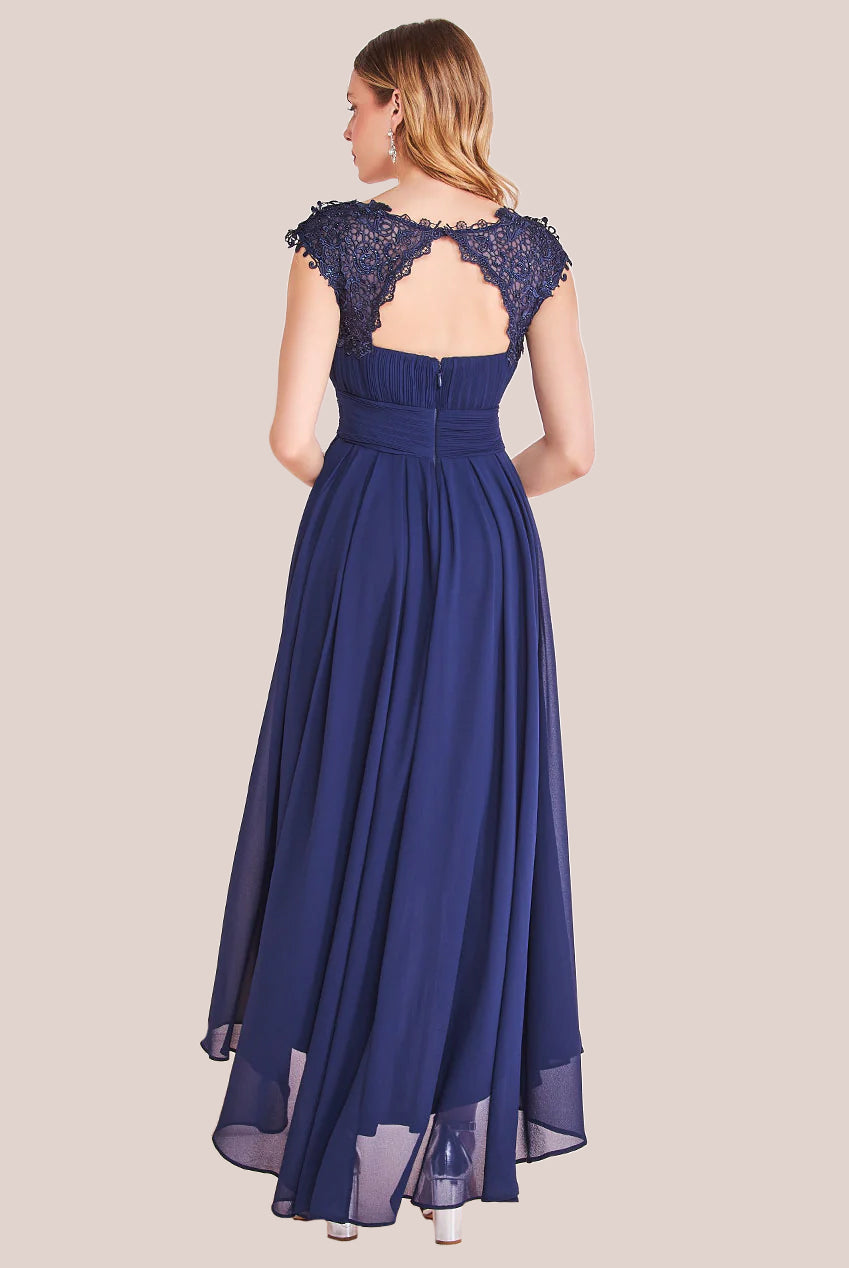 Crochet & Pleated Top High Low Maxi - Navy DR3820