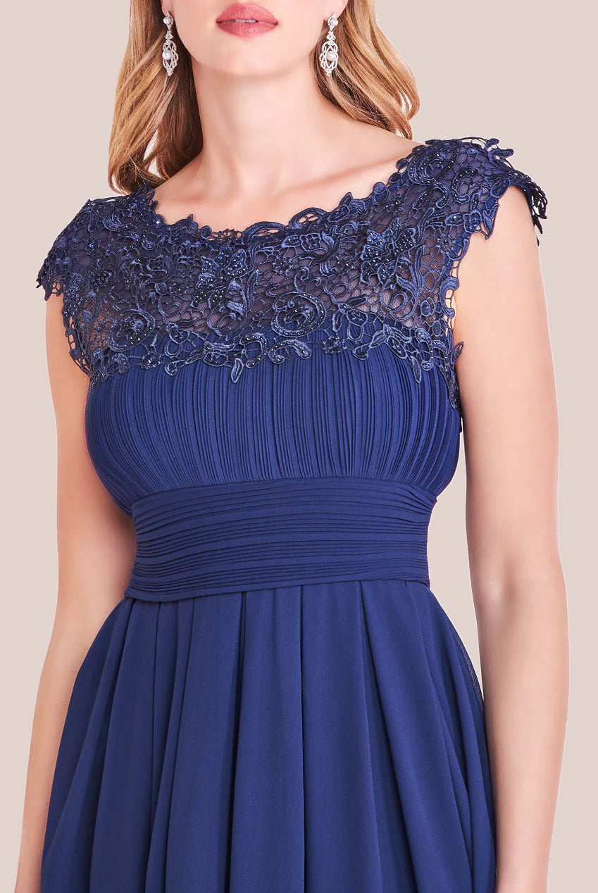 Crochet & Pleated Top High Low Maxi - Navy DR3820