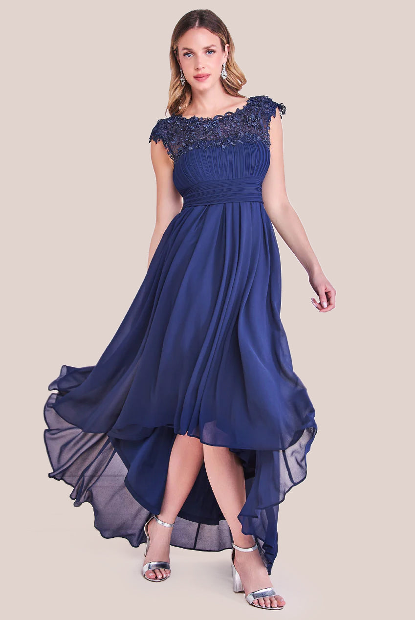 Crochet & Pleated Top High Low Maxi - Navy DR3820