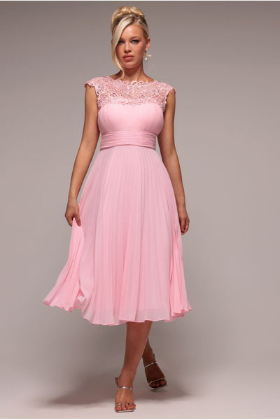 Crochet & Pleated Top Midi Dress - Blush Pink by Goddiva